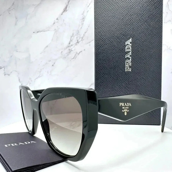 PRADA Sunglasses Symbole Gold Logo Black Authentic Square Cat Eye Oversized - Picture 10 of 16
